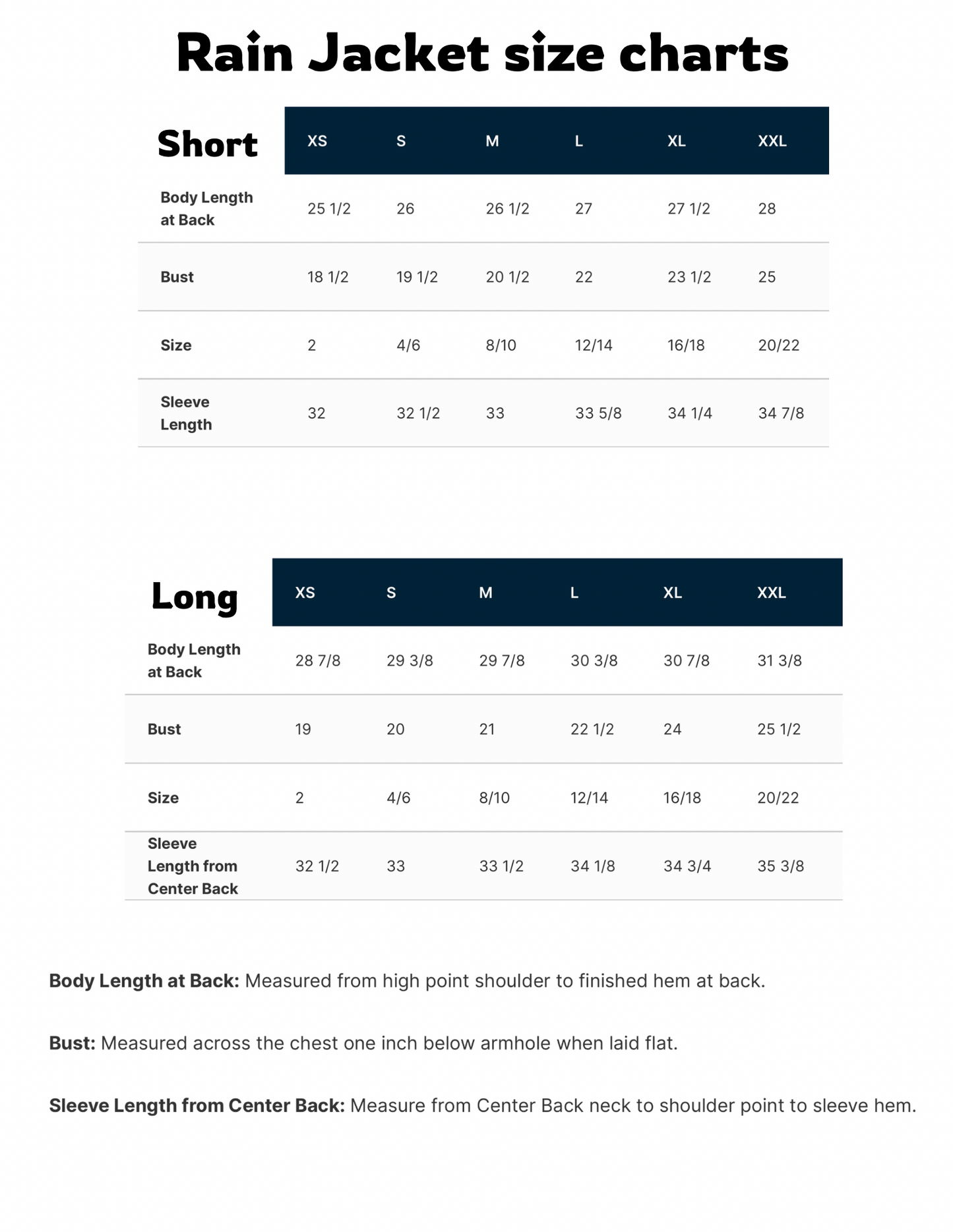 Adult rain jacket long or short