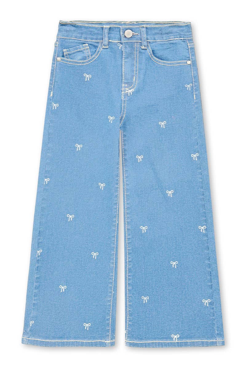 Girl's Wide Leg Bow Print Denim Jeans