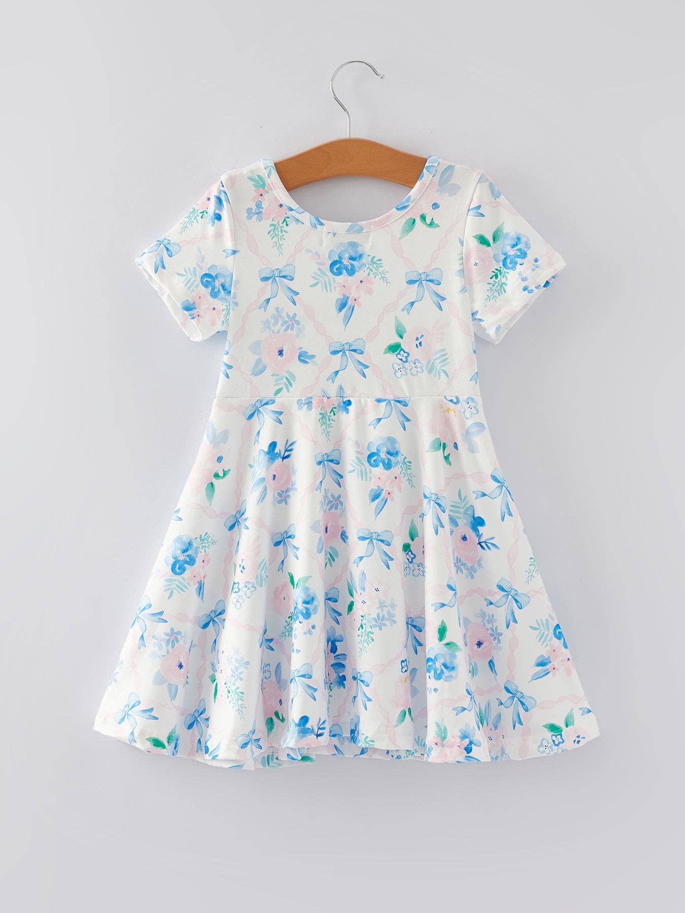 Blue Bow Floral Print Milk Silk Girls Dress