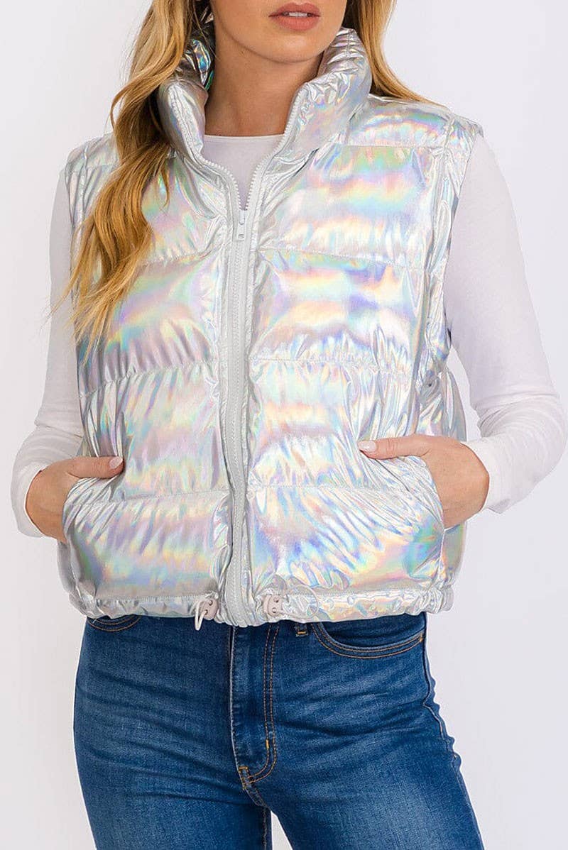 ZIP UP FRONT POCKETS METALLIC PUFFER VEST