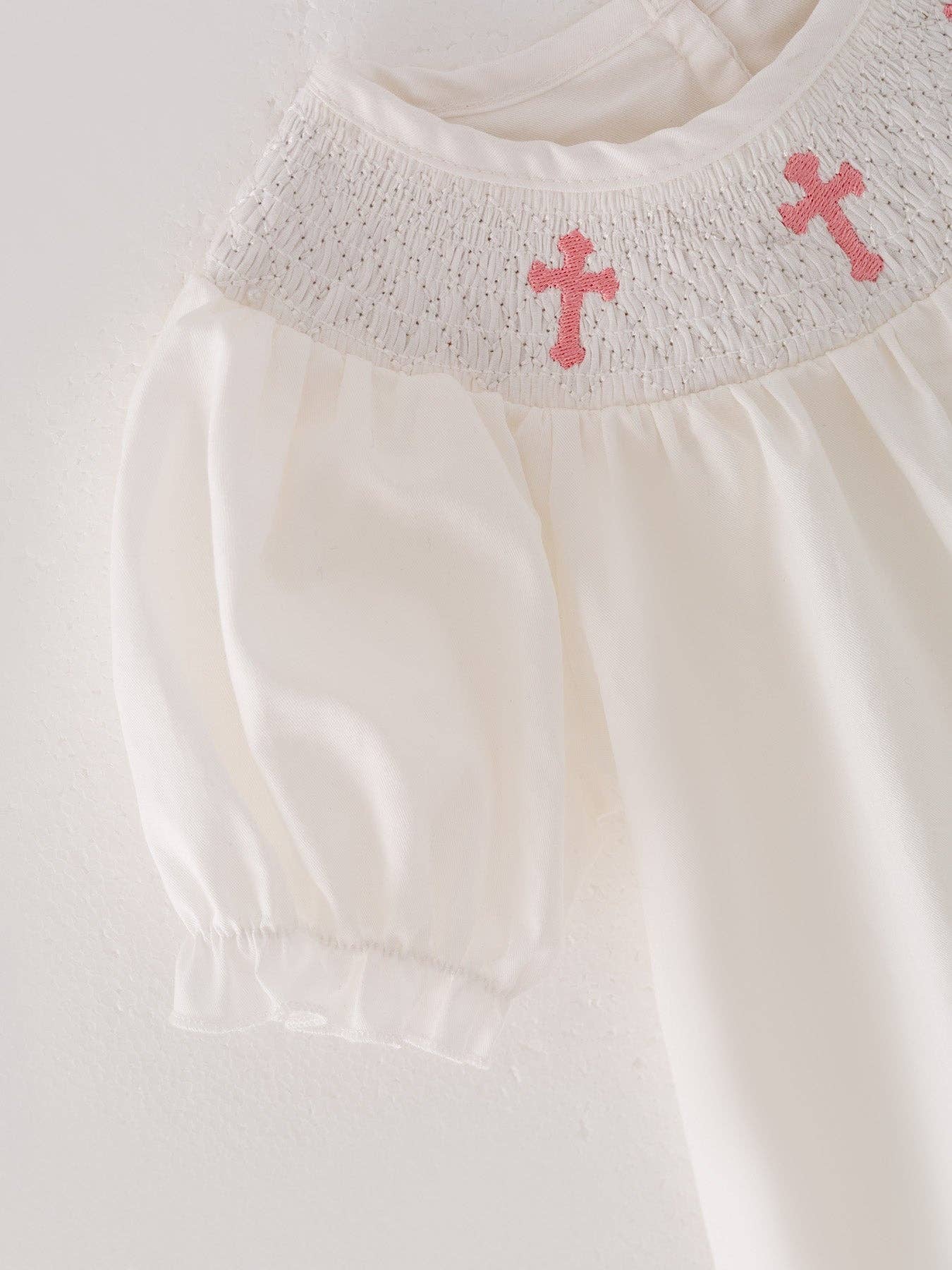 White Smocking Embroidered Crucifix Girls Dress