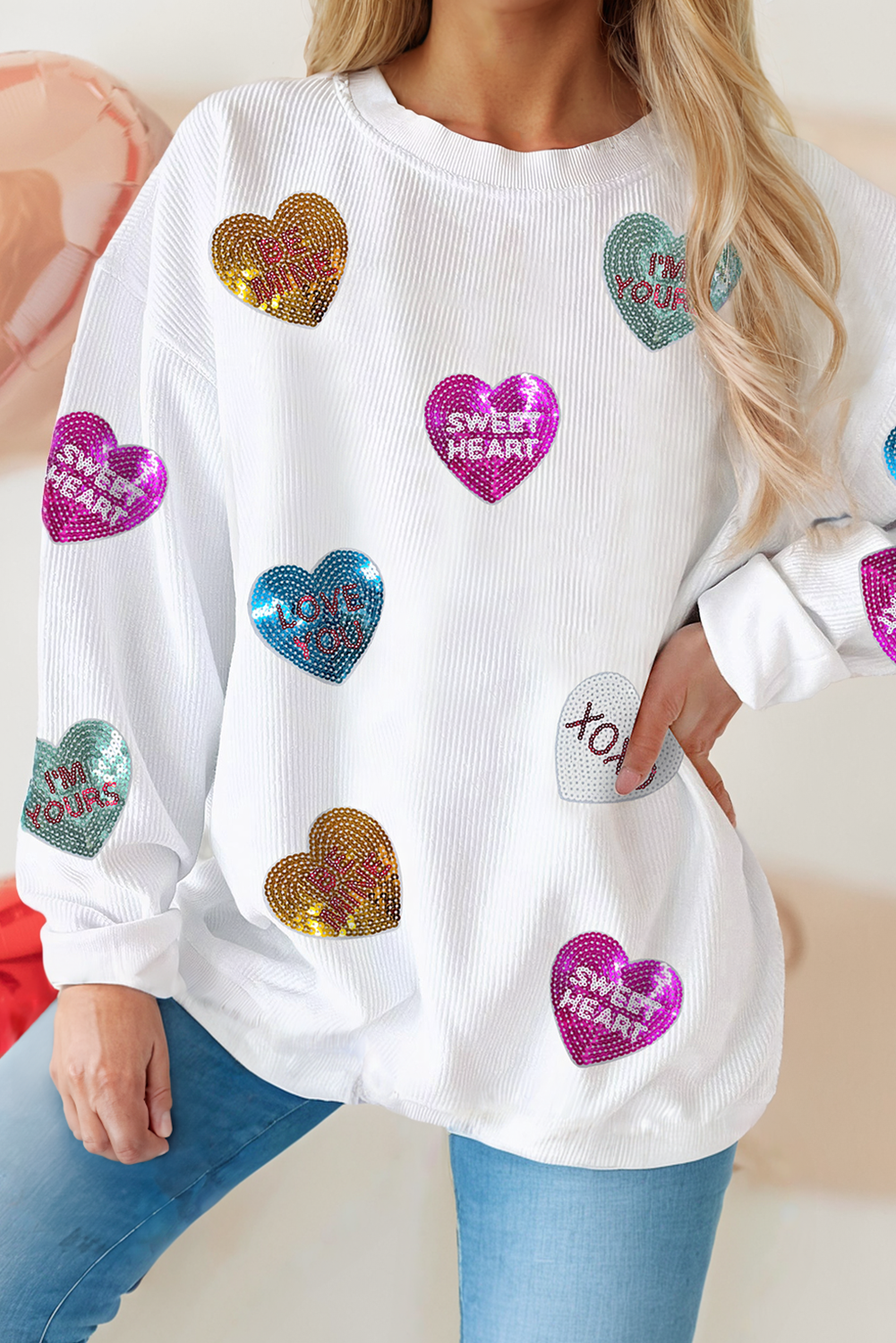 Valentines Heart Patched Pattern Pullover Sweatshirt