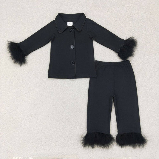 Baby Girls Black Cotton Buttons Top Pants Fur Pajamas Clothes Sets