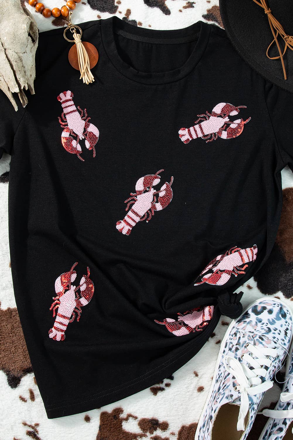 Black Sequined Crayfish Round Neck Graphic Tee