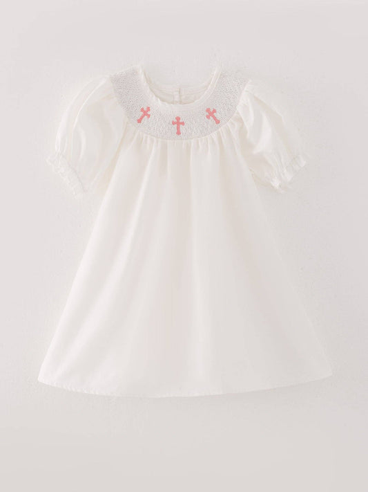 White Smocking Embroidered Crucifix Girls Dress