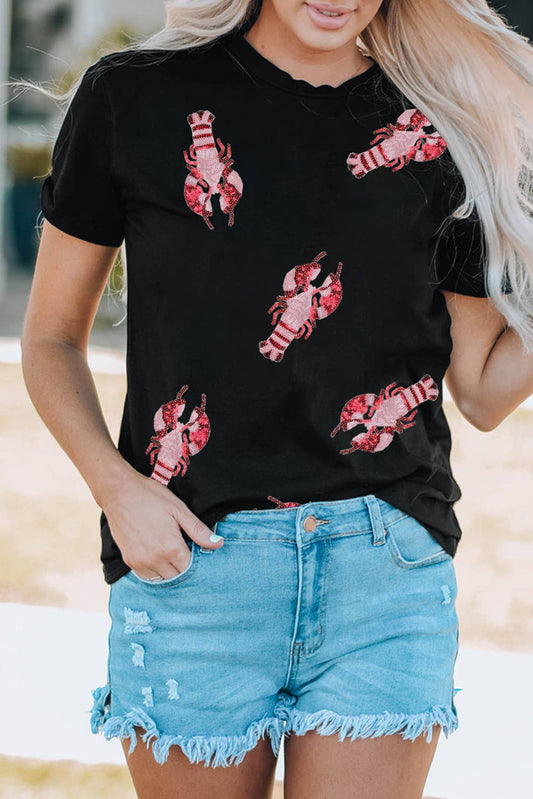 Black Sequined Crayfish Round Neck Graphic Tee