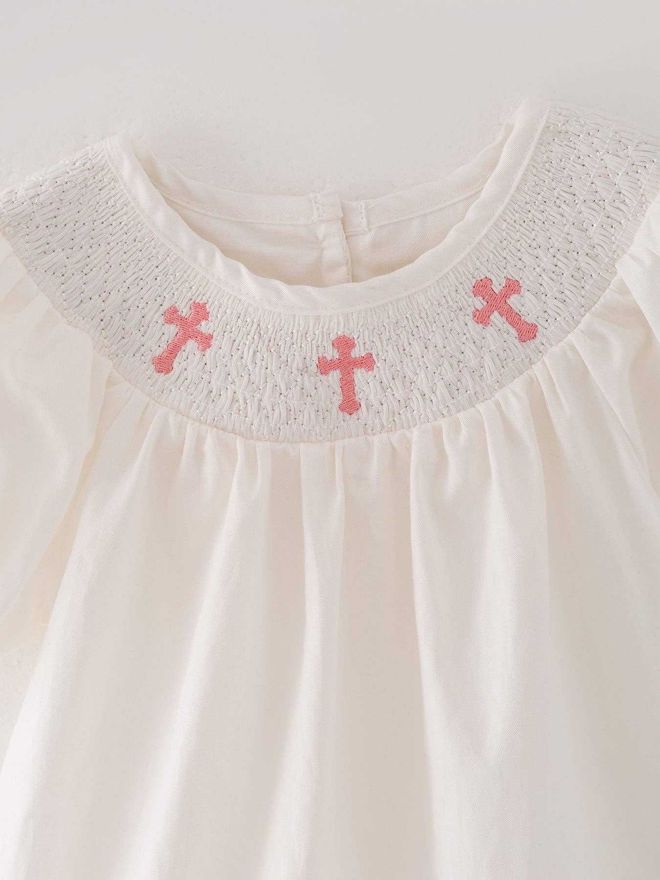 White Smocking Embroidered Crucifix Girls Dress