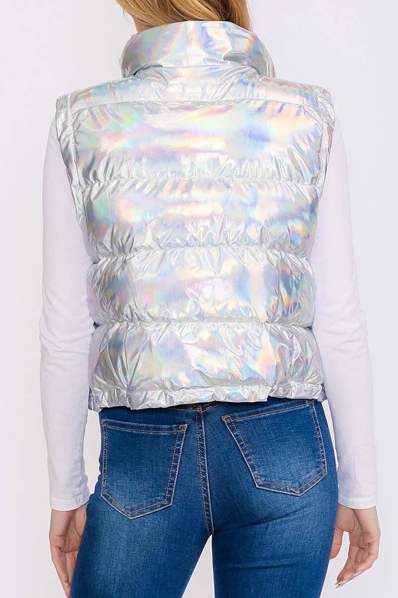 ZIP UP FRONT POCKETS METALLIC PUFFER VEST